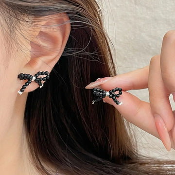 DAIIIBABYYY  -  Korean Fashion Beaded Bow-knot Stud Earrings for Women Kpop INS Style Temperament Simple Bow Earring Jewelry Party Gift